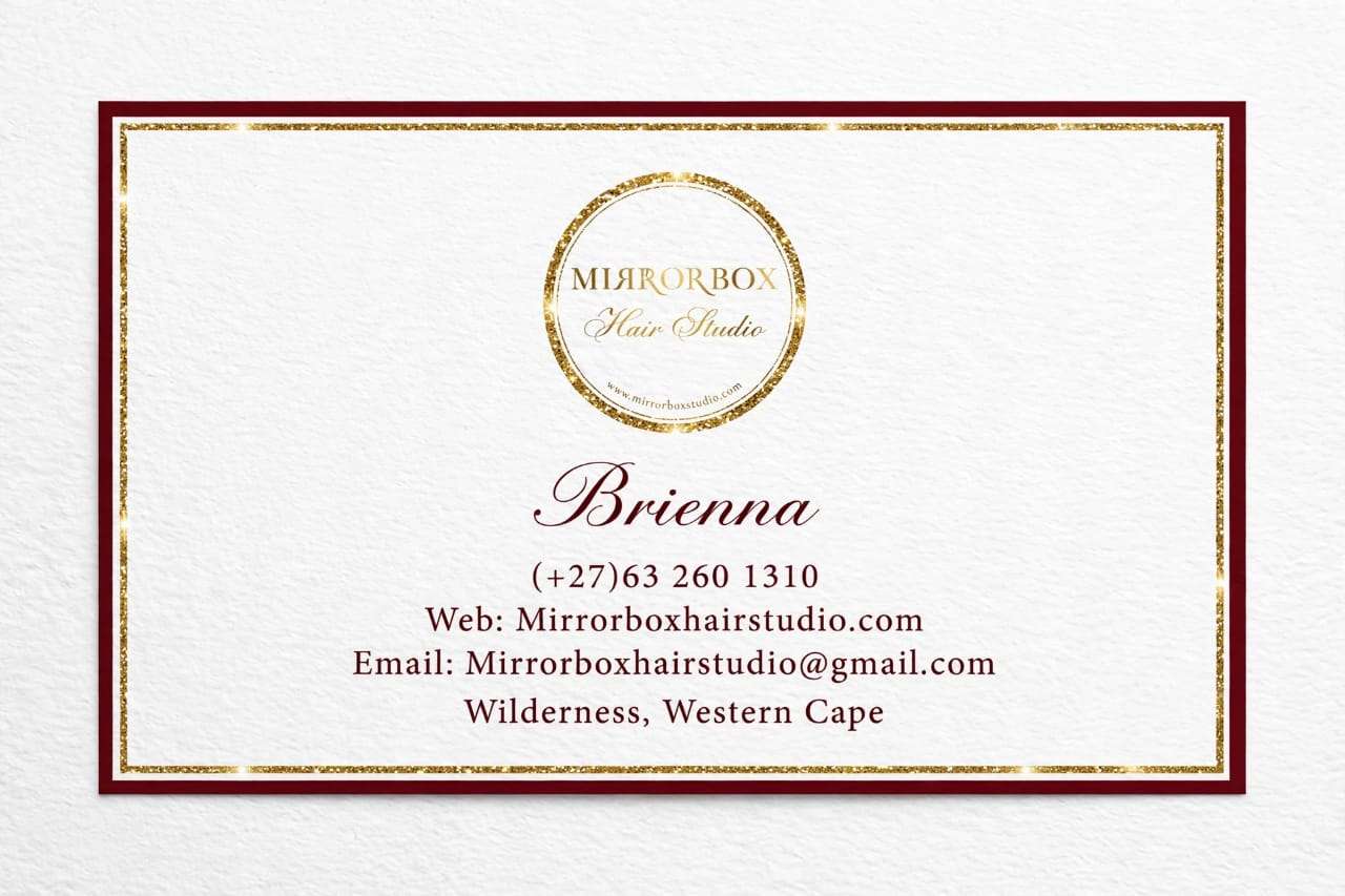 Mirror Box Hair Studio business card — Brienna, (+27) 63 260 1310, mirrorboxhairstudio@gmail.com, Wilderness, Western Cape